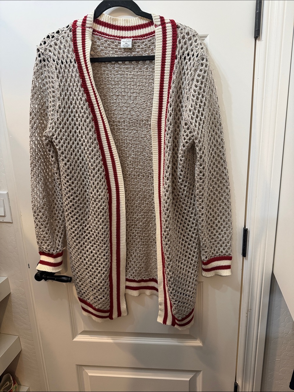 Anna & Ava Open-Knit Cream Cardigan with Red Trim